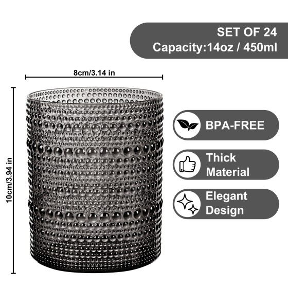YOUBET 24PCS Plastic Drinking Glasses - 14OZ Black Hobnail Drinkware Glasses - Vintage Glassware Textured Beaded Cups for Water, Beer, Whiskey, Juice and Various Mixed Drinks, halloween