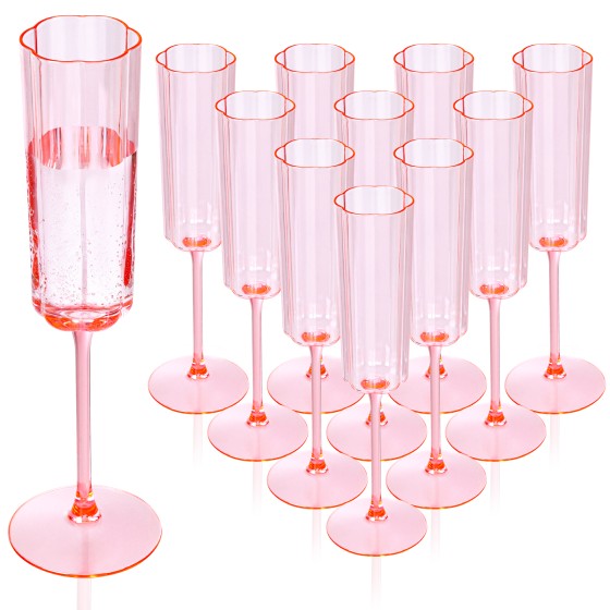 YOUBET 36 Pack Pink Champagne Flutes Plastic - 6 Oz Flower Wavy Champagne Plastic Glasses - Heavy Duty Vintage Disposable Flutes for Wedding Party Birthday Anniversary