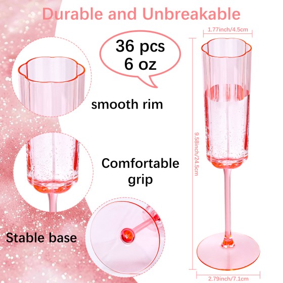 YOUBET 36 Pack Pink Champagne Flutes Plastic - 6 Oz Flower Wavy Champagne Plastic Glasses - Heavy Duty Vintage Disposable Flutes for Wedding Party Birthday Anniversary