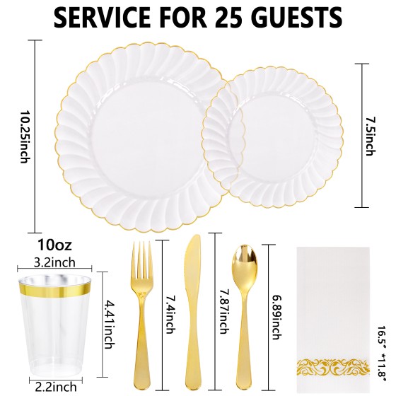 YOUBET 175PCS Gold Scalloped Plastic Plates - Clear and Gold Disposable Dinnerware Set Include 50 Plates, 75 Gold Silverware, 25 Cups, 25 Napkins for Party & Wedding & Thanksgiving
