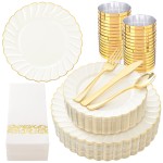 YOUBET 175PCS Ivory Scalloped Plastic Plates - Gold Disposable Dinnerware Set Include 50 Plates, 75 Gold Silverware, 25 Cups, 25 Napkins for Party & Wedding & Thanksgiving