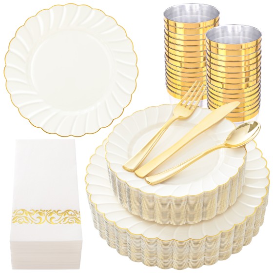 YOUBET 175PCS Ivory Scalloped Plastic Plates - Gold Disposable Dinnerware Set Include 50 Plates, 75 Gold Silverware, 25 Cups, 25 Napkins for Party & Wedding & Thanksgiving