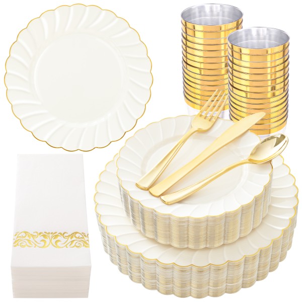 YOUBET 175PCS Ivory Scalloped Plastic Plates - Gold Disposable Dinnerware Set Include 50 Plates, 75 Gold Silverware, 25 Cups, 25 Napkins for Party & Wedding & Thanksgiving