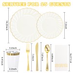 YOUBET 175PCS Ivory Scalloped Plastic Plates - Gold Disposable Dinnerware Set Include 50 Plates, 75 Gold Silverware, 25 Cups, 25 Napkins for Party & Wedding & Thanksgiving