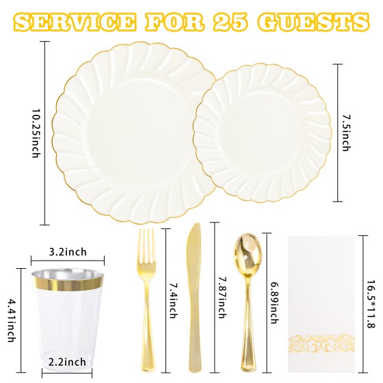 YOUBET 175PCS Ivory Scalloped Plastic Plates - Gold Disposable Dinnerware Set Include 50 Plates, 75 Gold Silverware, 25 Cups, 25 Napkins for Party & Wedding & Thanksgiving