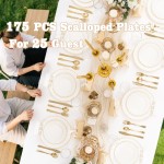 YOUBET 175PCS Ivory Scalloped Plastic Plates - Gold Disposable Dinnerware Set Include 50 Plates, 75 Gold Silverware, 25 Cups, 25 Napkins for Party & Wedding & Thanksgiving