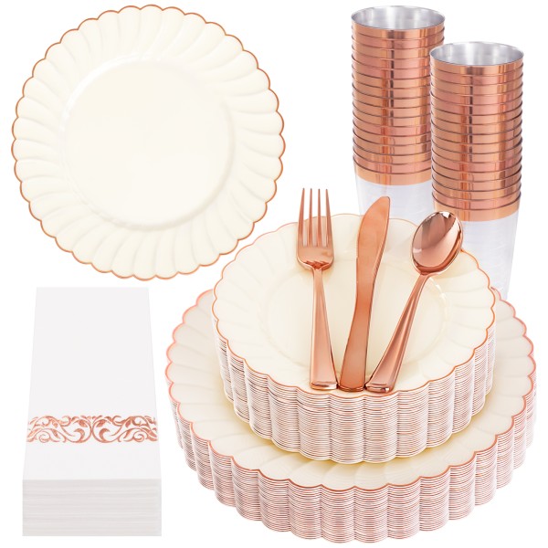 YOUBET 175PCS Ivory Scalloped Plastic Plates - Rose Gold Disposable Dinnerware Set Include 50 Plates, 75 Rose Gold Silverware, 25 Cups, 25 Napkins for Party & Wedding & Baby Shower