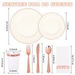 YOUBET 175PCS Ivory Scalloped Plastic Plates - Rose Gold Disposable Dinnerware Set Include 50 Plates, 75 Rose Gold Silverware, 25 Cups, 25 Napkins for Party & Wedding & Baby Shower