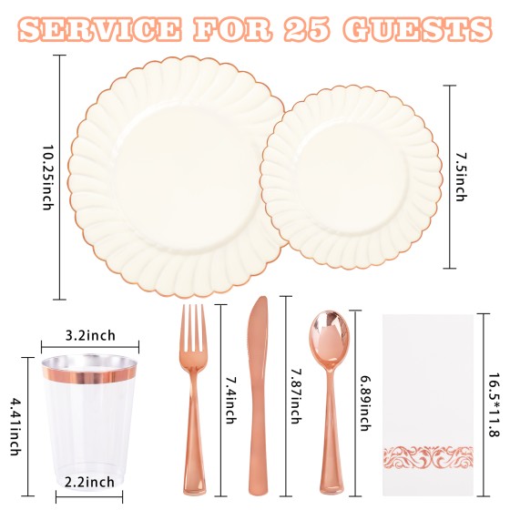 YOUBET 175PCS Ivory Scalloped Plastic Plates - Rose Gold Disposable Dinnerware Set Include 50 Plates, 75 Rose Gold Silverware, 25 Cups, 25 Napkins for Party & Wedding & Baby Shower