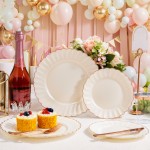 YOUBET 175PCS Ivory Scalloped Plastic Plates - Rose Gold Disposable Dinnerware Set Include 50 Plates, 75 Rose Gold Silverware, 25 Cups, 25 Napkins for Party & Wedding & Baby Shower