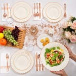 YOUBET 175PCS Ivory Scalloped Plastic Plates - Rose Gold Disposable Dinnerware Set Include 50 Plates, 75 Rose Gold Silverware, 25 Cups, 25 Napkins for Party & Wedding & Baby Shower