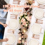 YOUBET 175PCS Ivory Scalloped Plastic Plates - Rose Gold Disposable Dinnerware Set Include 50 Plates, 75 Rose Gold Silverware, 25 Cups, 25 Napkins for Party & Wedding & Baby Shower