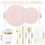 YOUBET 175PCS Pink Scalloped Plastic Plates - Gold Disposable Dinnerware Set Include 50 Plates, 75 Gold Silverware, 25 Cups, 25 Napkins for Party & Wedding & Baby Shower