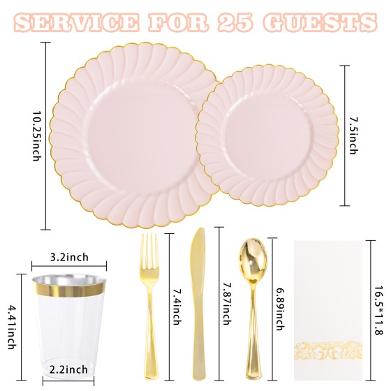 YOUBET 175PCS Pink Scalloped Plastic Plates - Gold Disposable Dinnerware Set Include 50 Plates, 75 Gold Silverware, 25 Cups, 25 Napkins for Party & Wedding & Baby Shower