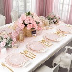 YOUBET 175PCS Pink Scalloped Plastic Plates - Gold Disposable Dinnerware Set Include 50 Plates, 75 Gold Silverware, 25 Cups, 25 Napkins for Party & Wedding & Baby Shower