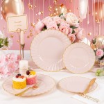 YOUBET 175PCS Pink Scalloped Plastic Plates - Gold Disposable Dinnerware Set Include 50 Plates, 75 Gold Silverware, 25 Cups, 25 Napkins for Party & Wedding & Baby Shower