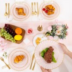 YOUBET 175PCS Pink Scalloped Plastic Plates - Gold Disposable Dinnerware Set Include 50 Plates, 75 Gold Silverware, 25 Cups, 25 Napkins for Party & Wedding & Baby Shower