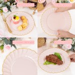 YOUBET 175PCS Pink Scalloped Plastic Plates - Gold Disposable Dinnerware Set Include 50 Plates, 75 Gold Silverware, 25 Cups, 25 Napkins for Party & Wedding & Baby Shower
