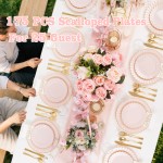 YOUBET 175PCS Pink Scalloped Plastic Plates - Gold Disposable Dinnerware Set Include 50 Plates, 75 Gold Silverware, 25 Cups, 25 Napkins for Party & Wedding & Baby Shower