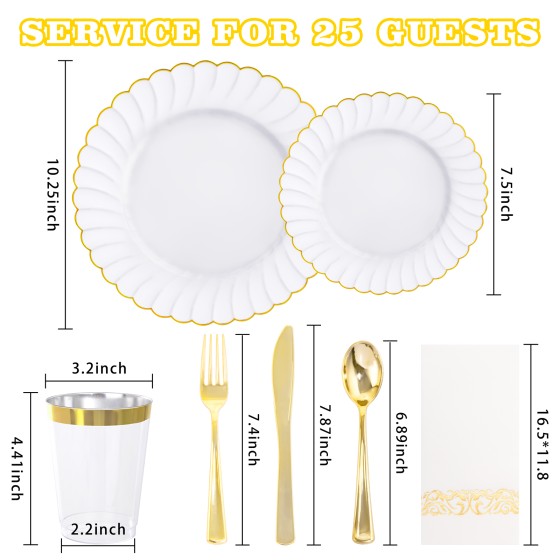 YOUBET 175PCS Gold Scalloped Plastic Plates - White and Gold Disposable Dinnerware Set Include 50 Plates, 75 Gold Silverware, 25 Cups, 25 Napkins for Party & Wedding & Thanksgiving
