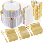 YOUBET 700PCS Clear Gold Plastic Plates - Elegant Gold Plastic Dinnerware Set Include 200 Disposable Plates, 300 Heavy Duty Silverware, 100 Cups, 100 Napkins for Wedding Party & Thanksgiving