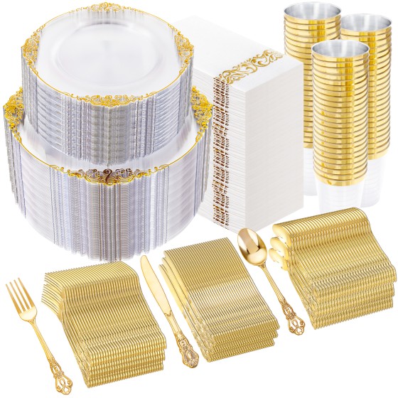 YOUBET 700PCS Clear Gold Plastic Plates - Elegant Gold Plastic Dinnerware Set Include 200 Disposable Plates, 300 Heavy Duty Silverware, 100 Cups, 100 Napkins for Wedding Party & Thanksgiving