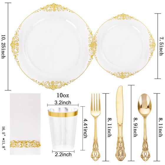 YOUBET 700PCS Clear Gold Plastic Plates - Elegant Gold Plastic Dinnerware Set Include 200 Disposable Plates, 300 Heavy Duty Silverware, 100 Cups, 100 Napkins for Wedding Party & Thanksgiving