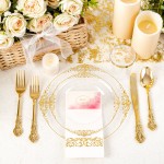 YOUBET 700PCS Clear Gold Plastic Plates - Elegant Gold Plastic Dinnerware Set Include 200 Disposable Plates, 300 Heavy Duty Silverware, 100 Cups, 100 Napkins for Wedding Party & Thanksgiving