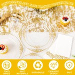 YOUBET 700PCS Clear Gold Plastic Plates - Elegant Gold Plastic Dinnerware Set Include 200 Disposable Plates, 300 Heavy Duty Silverware, 100 Cups, 100 Napkins for Wedding Party & Thanksgiving