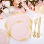 YOUBET 700PCS Pink Plastic Plates - Pink and Gold Plates - Luxury Pinks Plastic Dinnerware Set Include 200 Pinks Disposable Plates, 300 Heavy Duty Silverware, 100 Cups, 100 Napkins for Wedding & Party