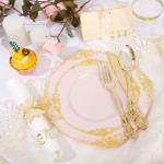 YOUBET 700PCS Pink Plastic Plates - Pink and Gold Plates - Luxury Pinks Plastic Dinnerware Set Include 200 Pinks Disposable Plates, 300 Heavy Duty Silverware, 100 Cups, 100 Napkins for Wedding & Party