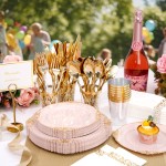 YOUBET 700PCS Pink Plastic Plates - Pink and Gold Plates - Luxury Pinks Plastic Dinnerware Set Include 200 Pinks Disposable Plates, 300 Heavy Duty Silverware, 100 Cups, 100 Napkins for Wedding & Party