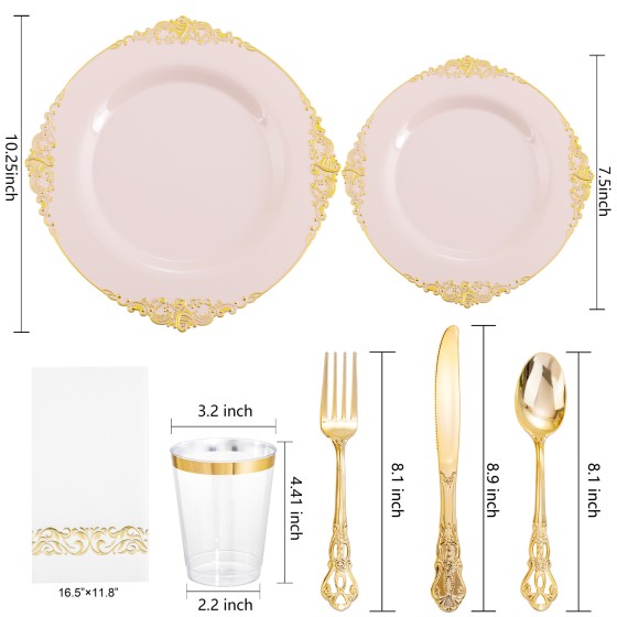 YOUBET 700PCS Pink Plastic Plates - Pink and Gold Plates - Luxury Pinks Plastic Dinnerware Set Include 200 Pinks Disposable Plates, 300 Heavy Duty Silverware, 100 Cups, 100 Napkins for Wedding & Party