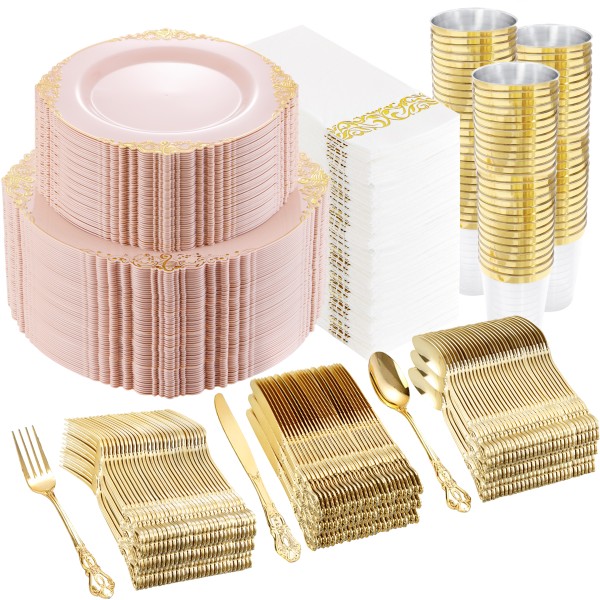 YOUBET 700PCS Pink Plastic Plates - Pink and Gold Plates - Luxury Pinks Plastic Dinnerware Set Include 200 Pinks Disposable Plates, 300 Heavy Duty Silverware, 100 Cups, 100 Napkins for Wedding & Party