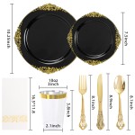 YOUBET 700PCS Black Plastic Plates - Black and Gold Plates - Gold Plastic Dinnerware Set Include 200 Disposable Plate, 300 Heavy Duty Silverware, 100 Cups, 100 Napkins for Wedding & Party & Halloween