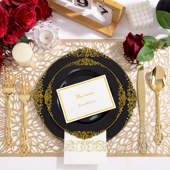 YOUBET 700PCS Black Plastic Plates - Black and Gold Plates - Gold Plastic Dinnerware Set Include 200 Disposable Plate, 300 Heavy Duty Silverware, 100 Cups, 100 Napkins for Wedding & Party & Halloween