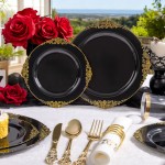 YOUBET 700PCS Black Plastic Plates - Black and Gold Plates - Gold Plastic Dinnerware Set Include 200 Disposable Plate, 300 Heavy Duty Silverware, 100 Cups, 100 Napkins for Wedding & Party & Halloween