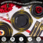 YOUBET 700PCS Black Plastic Plates - Black and Gold Plates - Gold Plastic Dinnerware Set Include 200 Disposable Plate, 300 Heavy Duty Silverware, 100 Cups, 100 Napkins for Wedding & Party & Halloween