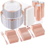YOUBET 700PCS Rose Gold Plastic Plates - Clear Rose Gold Plastic Dinnerware Set Include 200 Disposable Plate, 300 Heavy Duty Silverware, 100 Cups, 100 Napkins for Wedding & Party & Baby Shower