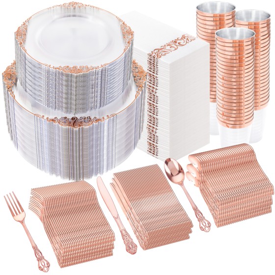 YOUBET 700PCS Rose Gold Plastic Plates - Clear Rose Gold Plastic Dinnerware Set Include 200 Disposable Plate, 300 Heavy Duty Silverware, 100 Cups, 100 Napkins for Wedding & Party & Baby Shower