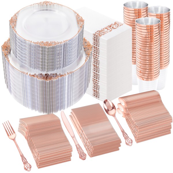 YOUBET 700PCS Rose Gold Plastic Plates - Clear Rose Gold Plastic Dinnerware Set Include 200 Disposable Plate, 300 Heavy Duty Silverware, 100 Cups, 100 Napkins for Wedding & Party & Baby Shower
