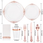 YOUBET 700PCS Rose Gold Plastic Plates - Clear Rose Gold Plastic Dinnerware Set Include 200 Disposable Plate, 300 Heavy Duty Silverware, 100 Cups, 100 Napkins for Wedding & Party & Baby Shower