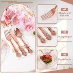 YOUBET 700PCS Rose Gold Plastic Plates - Clear Rose Gold Plastic Dinnerware Set Include 200 Disposable Plate, 300 Heavy Duty Silverware, 100 Cups, 100 Napkins for Wedding & Party & Baby Shower