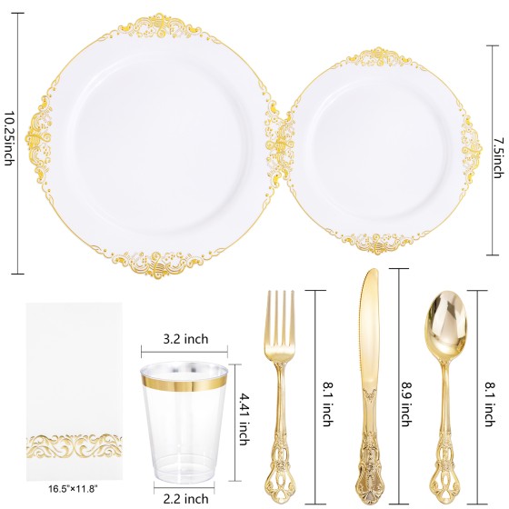 YOUBET 700PCS Gold Plastic Dinnerware Set - White and Gold Disposable Plates for 100 Guest - 200 Disposable Plates, 300 Heavy Duty Plastic Silverware, 100 Cups,100 Napkins for Wedding Thanksgiving