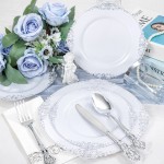 YOUBET 700PCS Silver Plastic Plates - White and Silver Disposable Plates - Silvery Plastic Dinnerware Set - Include 200 Plates, 300 Heavy Duty Silverware, 100 Cups and 100 Napkins for Wedding & Party
