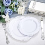 YOUBET 700PCS Silver Plastic Plates - White and Silver Disposable Plates - Silvery Plastic Dinnerware Set - Include 200 Plates, 300 Heavy Duty Silverware, 100 Cups and 100 Napkins for Wedding & Party