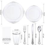 YOUBET 700PCS Silver Plastic Plates - White and Silver Disposable Plates - Silvery Plastic Dinnerware Set - Include 200 Plates, 300 Heavy Duty Silverware, 100 Cups and 100 Napkins for Wedding & Party