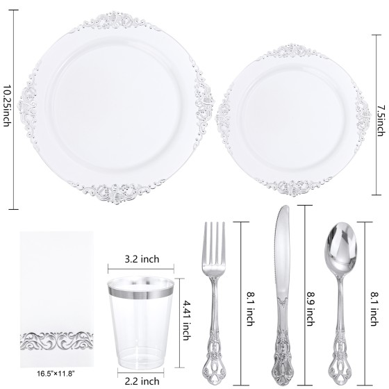 YOUBET 700PCS Silver Plastic Plates - White and Silver Disposable Plates - Silvery Plastic Dinnerware Set - Include 200 Plates, 300 Heavy Duty Silverware, 100 Cups and 100 Napkins for Wedding & Party