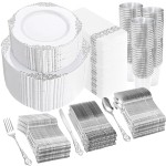 YOUBET 700PCS Silver Plastic Plates - White and Silver Disposable Plates - Silvery Plastic Dinnerware Set - Include 200 Plates, 300 Heavy Duty Silverware, 100 Cups and 100 Napkins for Wedding & Party