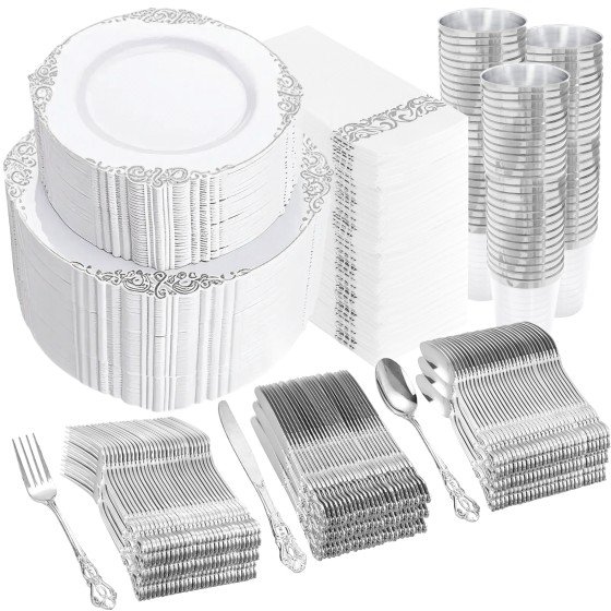 YOUBET 700PCS Silver Plastic Plates - White and Silver Disposable Plates - Silvery Plastic Dinnerware Set - Include 200 Plates, 300 Heavy Duty Silverware, 100 Cups and 100 Napkins for Wedding & Party